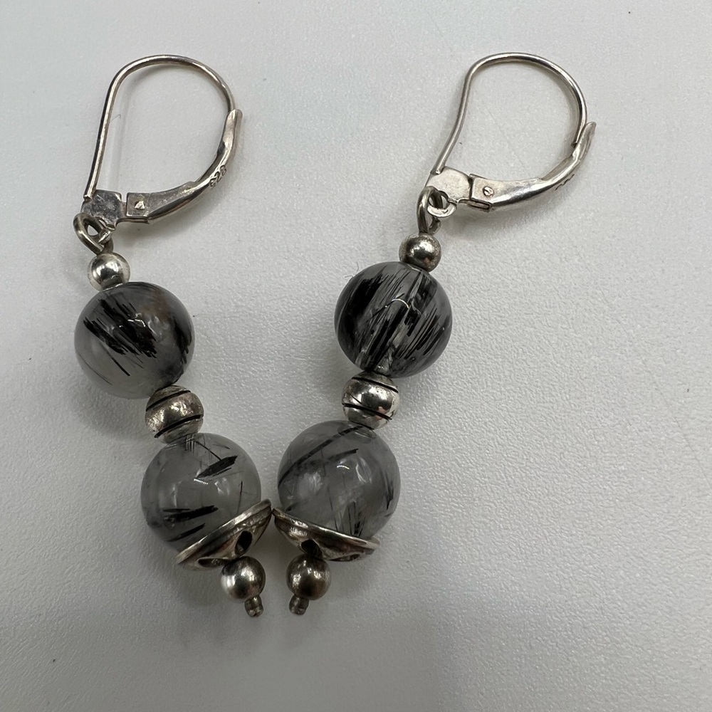 TOURMALINATED QUARTZ BEAD AND STERLING SILVER LEVERBACK EARRINGS